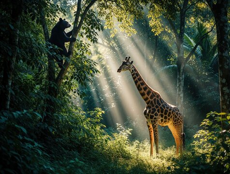 Black bear climbs tree in sunlit forest. Giraffe stands below amidst rich green foliage. Wildlife animals in natural jungle habitat with sunbeams.