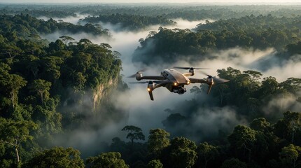 Fototapeta premium High tech drone flies over dense tropical jungle at dawn. Aerial view shows misty rainforest with tall trees, deep valley. Remote wilderness landscape during sunrise with thick fog, green vegetation.