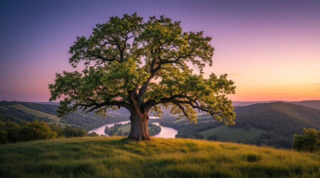 Large oak tree stands on grassy hill overlooking winding river valley at sunset. Purple orange sky and rolling green hills create peaceful landscape. Tree branches spread wide casting shadows.