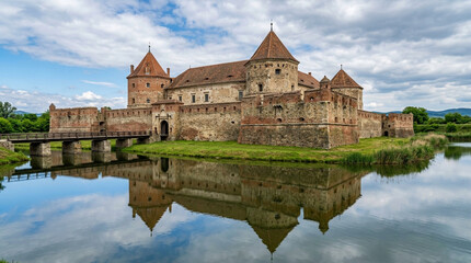 Fototapeta premium Medieval Fortress Reflection in Water, Historic Castle with Towers and Moat