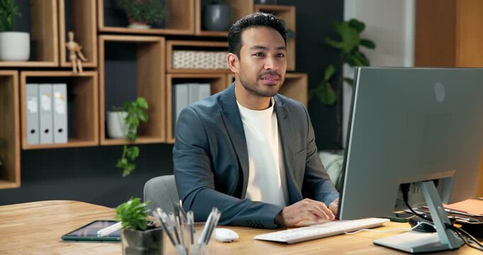 Business, review or man in agency with computer, expense analysis or research on funding pitch. Reading, digital or finance advisor with tech, budget control or strategy report in investment proposal