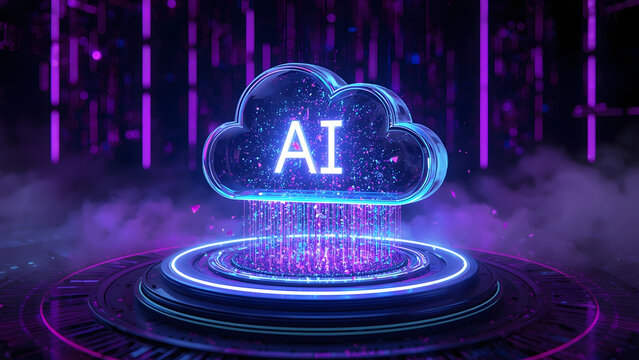 Cloud and edge computing technology data transfer concept. A large cloud icon is in the center, Ai Brain Cloud Big data, network, Science and futuristic ai cloud background concept.