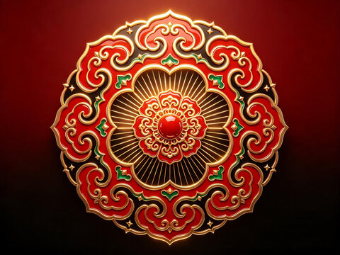 Luxury 3D oriental mandala medallion featuring traditional Chinese red and gold cloud swirls with enamel flower pattern. Elegant Asian decorative emblem for Chinese New Year.