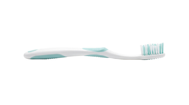 Modern white and teal toothbrush, ergonomic manual dental brush for oral hygiene, plastic tooth cleaning tool on white background