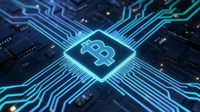 Bitcoin Symbols Connected by Glowing Circuit Lines