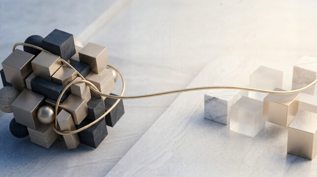 Complex wooden puzzle sphere tied with rope beside scattered geometric blocks