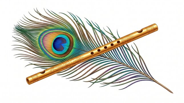 Traditional golden flute with peacock feather, spiritual bansuri instrument on white background, divine musical symbols