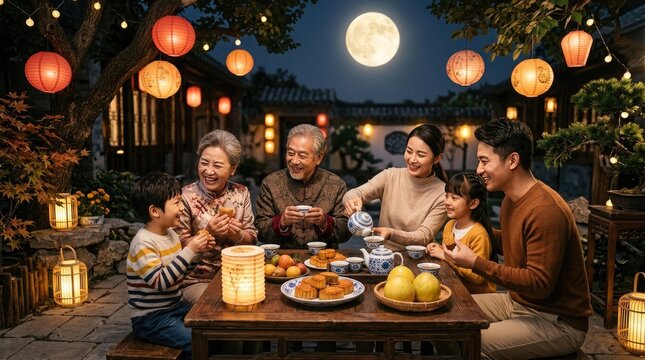 A heartwarming depiction of a chinese family joyfully celebrating the mid autumn festival surrounded by glowing lanterns and enjoying a delicious mooncake
