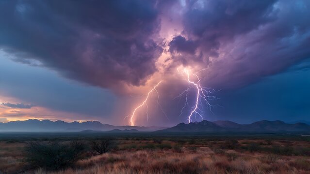 Stunning lightning storm striking over a desert landscape at night.