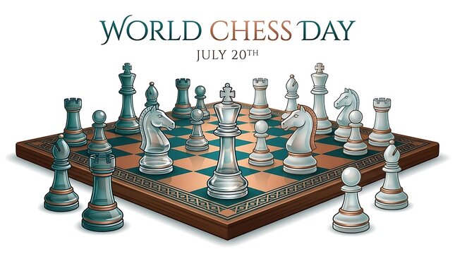 World Chess Day celebration illustration with vintage chess pieces on board.