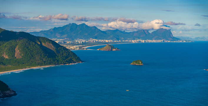 Panoramic aerial view of Rio de Janeiro coast with ocean and mountains in Brazil