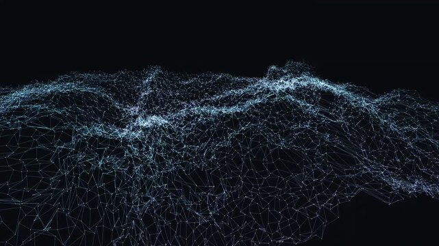 An evolving digital network seamlessly morphing between a structured data matrix, topographic interference waves, and clustered node hubs. Ideal for technology and cybersecurity presentations.