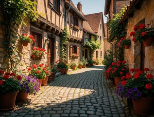 Fototapeta premium Narrow stone street lined with potted flowers and old buildings. Sunlight creates shadows on the cobblestone path. Plants climbs walls. Quaint alleyway exudes old world charm.