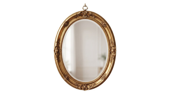 Vintage gold oval mirror with ornate baroque frame. Antique gilded wall mirror for luxury interior decor. Classic Victorian style mirror.