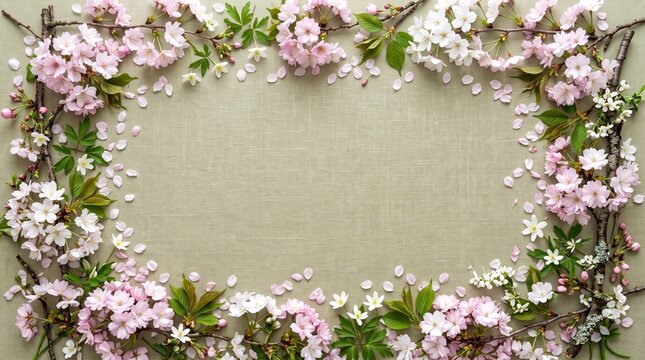 Delicate pink and white spring blossoms create an elegant floral frame on a subtle textured beige background, a beautiful natural border for invitations, greetings, or design