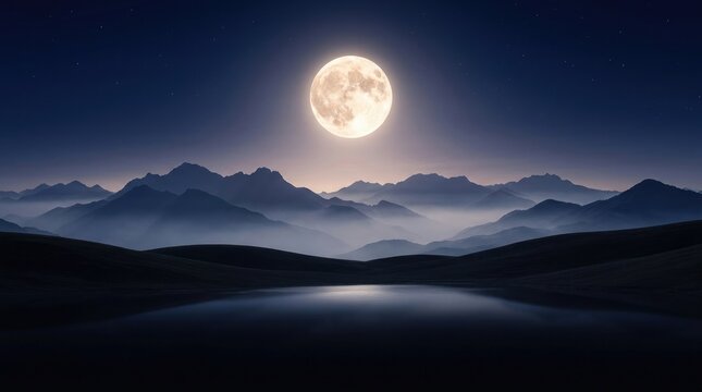 A breathtaking panoramic view of a luminous full moon rising above a tranquil landscape evoking the spirit of the mid autumn festival