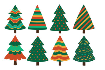 Obraz premium A collection of eight different stylized christmas trees with various patterns including waves, stripes, dots, and zigzags in red, green, yellow, and blue colors on a white ataullahakram01