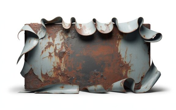 Peeling paint metal sign with rusted iron surface and curled edges for rustic industrial decor.