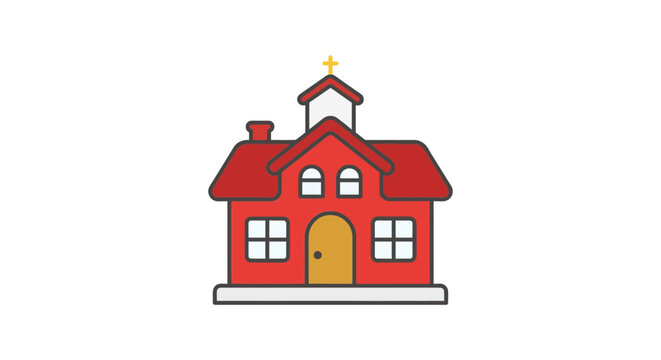 Red church building with steeple and arched doorway is a vector illustration
