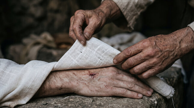 Joseph of Arimathea gently wrapping the body of Jesus in clean, fine linen cloth inside the cold stone tomb.