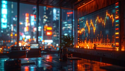 Obraz premium Financial stock market charts displayed on office screen overlooking city night lights with investment business analysis