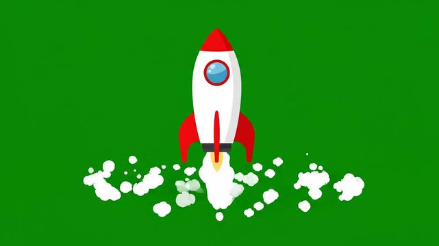 Flat illustration rocket taking off with white smoke clouds on a green background for business startup concept growth achievement success and innovation marketing campaign