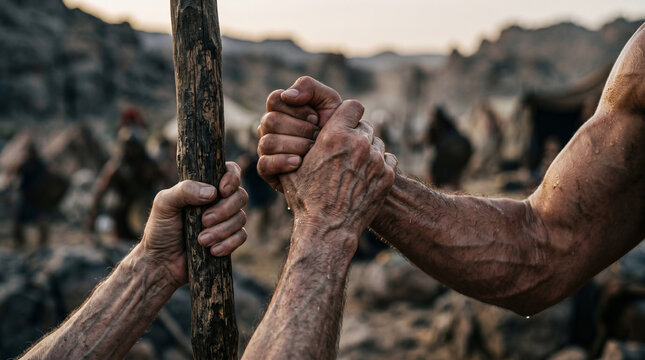 Aaron and Hur supporting the weary, heavy arms of Moses during the fierce battle against the Amalekites at Rephidim.