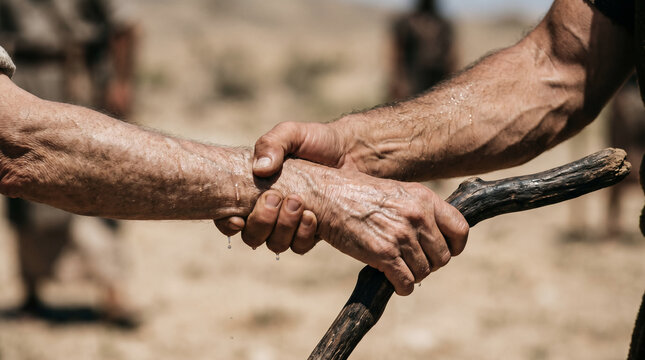 Aaron and Hur supporting the weary, heavy arms of Moses during the fierce battle against the Amalekites at Rephidim.