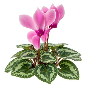 A pink cyclamen plant with green and white leaves