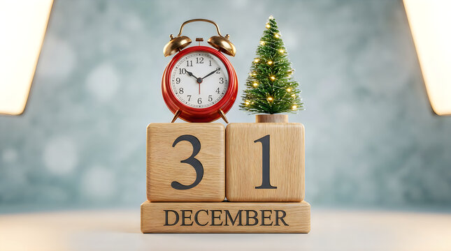 Red alarm clock and miniature Christmas tree on wooden calendar blocks showing December thirty first date