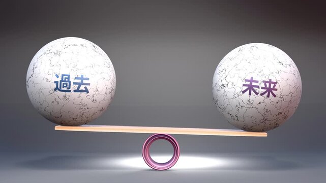 過去と未来 - 天秤の上でつり合う過去と未来。学びと展望のあいだ、調和とバランスを示す石のメタファー。