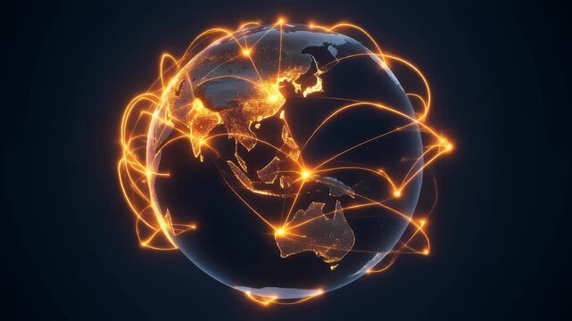 Global communication network lines on rotating Earth globe
