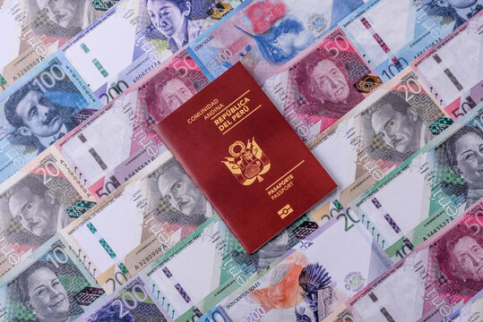 Peru, peruvian passport or id document with tickets for flight, border crossing. Peruvian passport