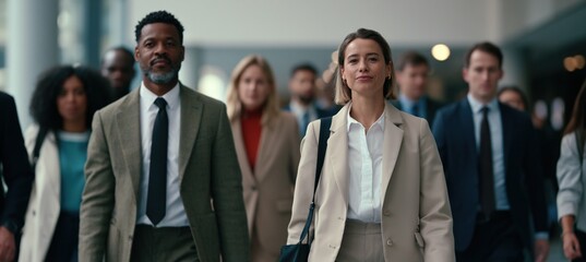 Fototapeta premium Diverse group of candidates entering modern office lobby for interview day