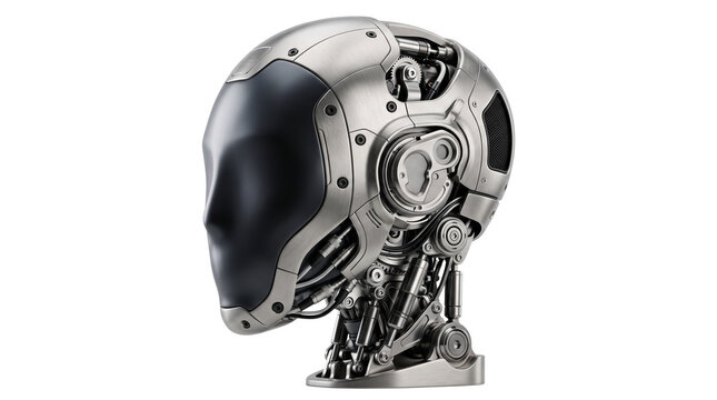 Futuristic robot head with metallic chrome finish, humanoid cyborg skull with black visor, advanced artificial intelligence technology