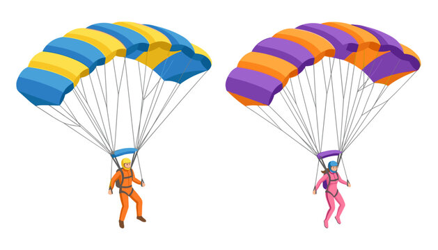 Male and Female Skydivers Parachuting with Colorful Canopy Chutes in Isometric View Set for Extreme Sports and Active Adventure Vector Designs