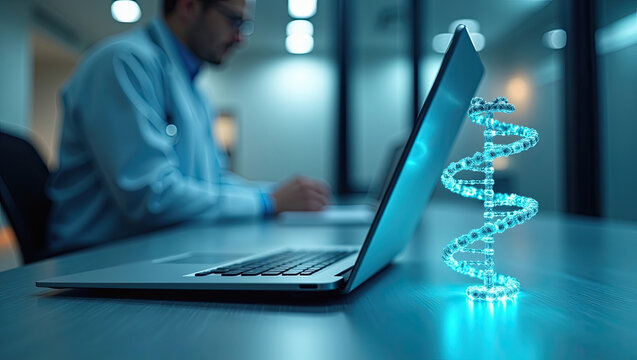 A glowing digital dna structure on a desk with a researcher working in the background