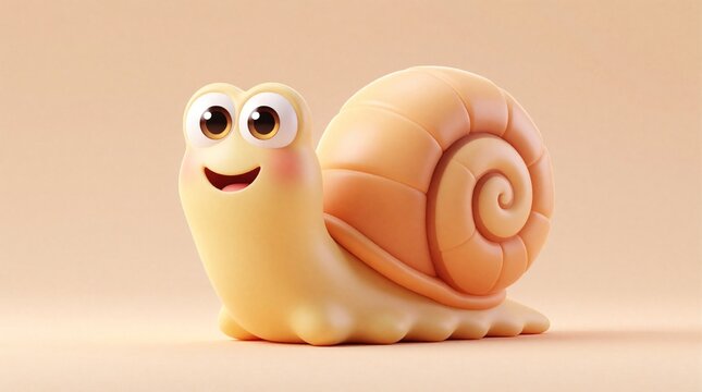 Cute cartoon snail with big eyes, friendly smile. Happy mollusk character orange spiral shell, soft body. 3D render of tiny garden creature on beige background. Simple whimsical animal illustration