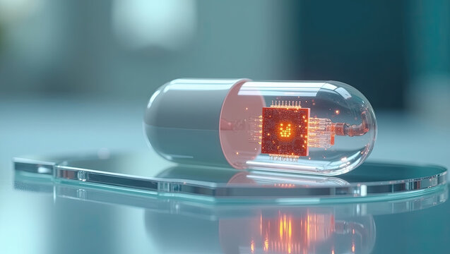 A glowing electronic microchip housed inside a transparent medical capsule resting on a reflective glass surface