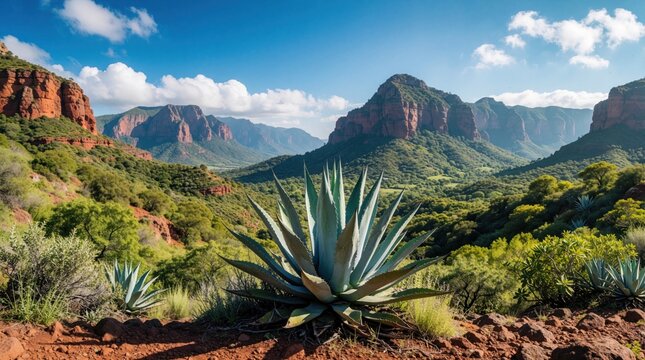 Vast desert mountain range panorama. Agave plant in foreground. Red rock formations and green hills under blue sky with clouds. Natural landscape panorama.