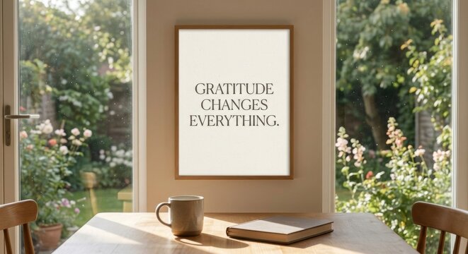Framed Gratitude Message With Coffee and Book in Morning Sunlight