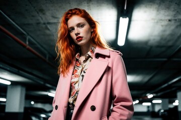 Fototapeta premium Young woman with bright red hair poses in underground parking garage wearing pink coat. She has bold red lipstick and printed shirt. Fashionable female model stands indoors near cars.