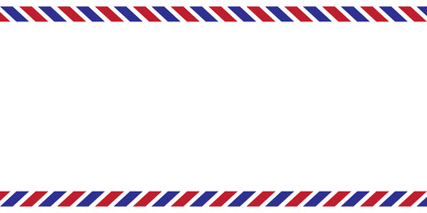 Fototapeta premium Airmail envelope frame with blue and red stripes on white background. International vintage letter border. Retro air mail postcard. Blank envelope.