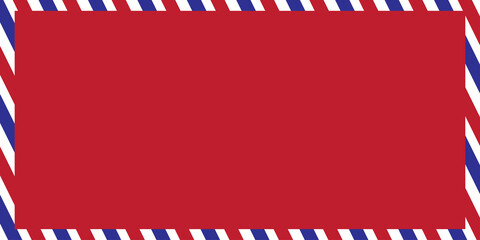 Airmail envelope frame with blue and red stripes on white background. International vintage letter border. Retro air mail postcard. Blank envelope.
