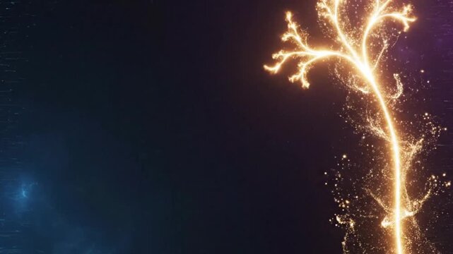 Glowing golden fractal tree structure emerging from dark space with particles of light floating in a mysterious cosmic
