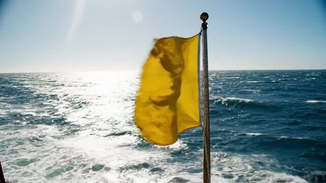 Bright yellow survival flotation device floating on deep blue ocean waves, dramatic seascape view, perfect for maritime safety scenes or adventure stories