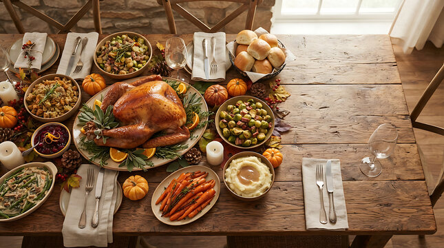 Overhead view of a festive thanksgiving dinner table with a roasted turkey and side dishes