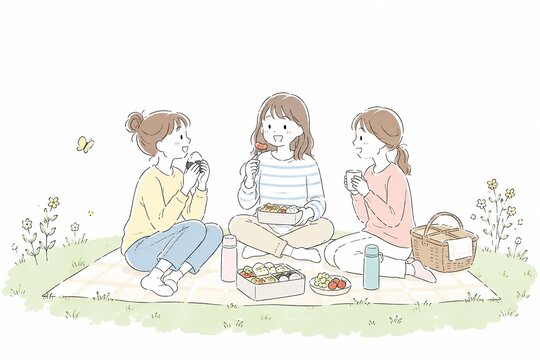 芝生の上で笑顔の女性たちがピクニックを楽しむ開放的なランチタイム