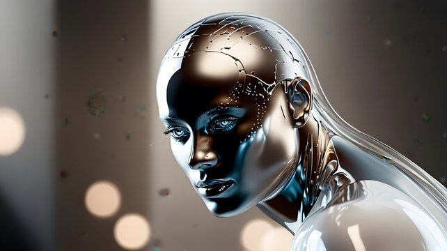 Futuristic chrome android robot head profile portrait with liquid metallic reflective skin, artificial intelligence tech concept