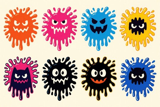 Set of colorful monster slime icons with funny faces. Bright neon gooey blobs look like cute alien creatures scary ghosts. Vibrant liquid splash shapes in pink, blue, orange, yellow, black colors for